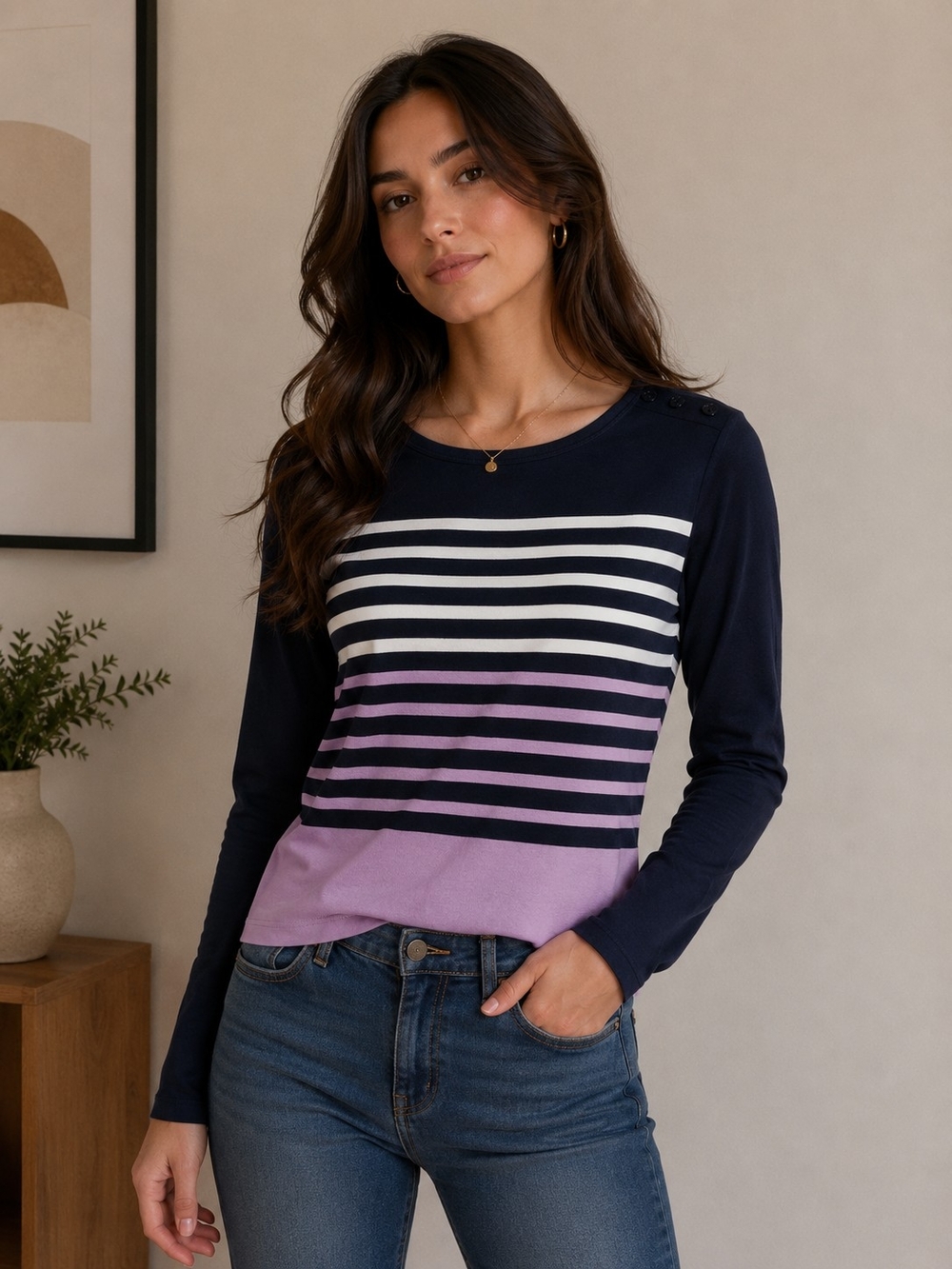 Talbots Shirt Sz Sm Petite Striped Long-Sleeve Boatneck Top in Navy and Lilac